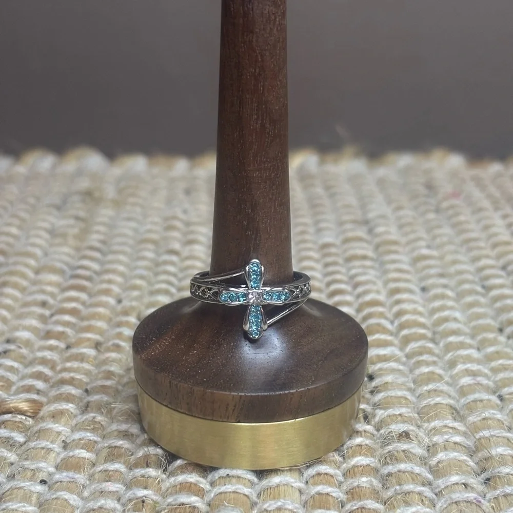 Blue and Clear CZ Silver Tone Cross Ring With God All Things are Possible Size 9 - Picture 2 of 9